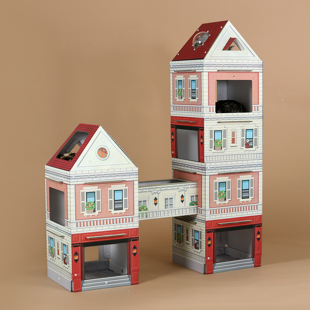 Kittenbox บ้านแมว คอนโดแมว แบบคู่ 5 ชั้น และ 3 ชั้น มีหลังคาและสะพานเชื่อม Bridge Series